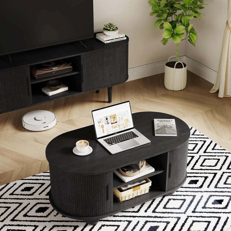 Giratree Oval Coffee Table, Mid-Century Modern Coffee Table with Storage & Sliding Doors, Fluted Coffee Table Center Table for Living Room, Dining Room, Apartment, Home Office