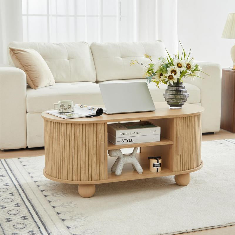 Giratree Oval Coffee Table, Mid-Century Modern Coffee Table with Storage & Sliding Doors, Fluted Coffee Table Center Table for Living Room, Dining Room, Apartment, Home Office