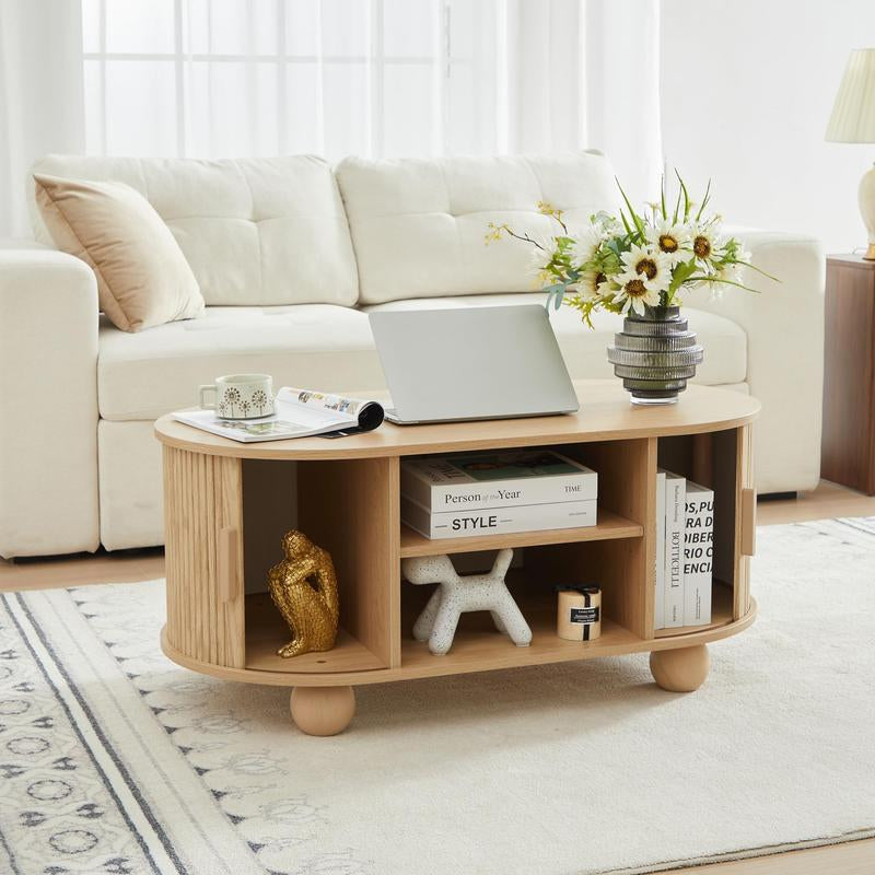 Giratree Oval Coffee Table, Mid-Century Modern Coffee Table with Storage & Sliding Doors, Fluted Coffee Table Center Table for Living Room, Dining Room, Apartment, Home Office