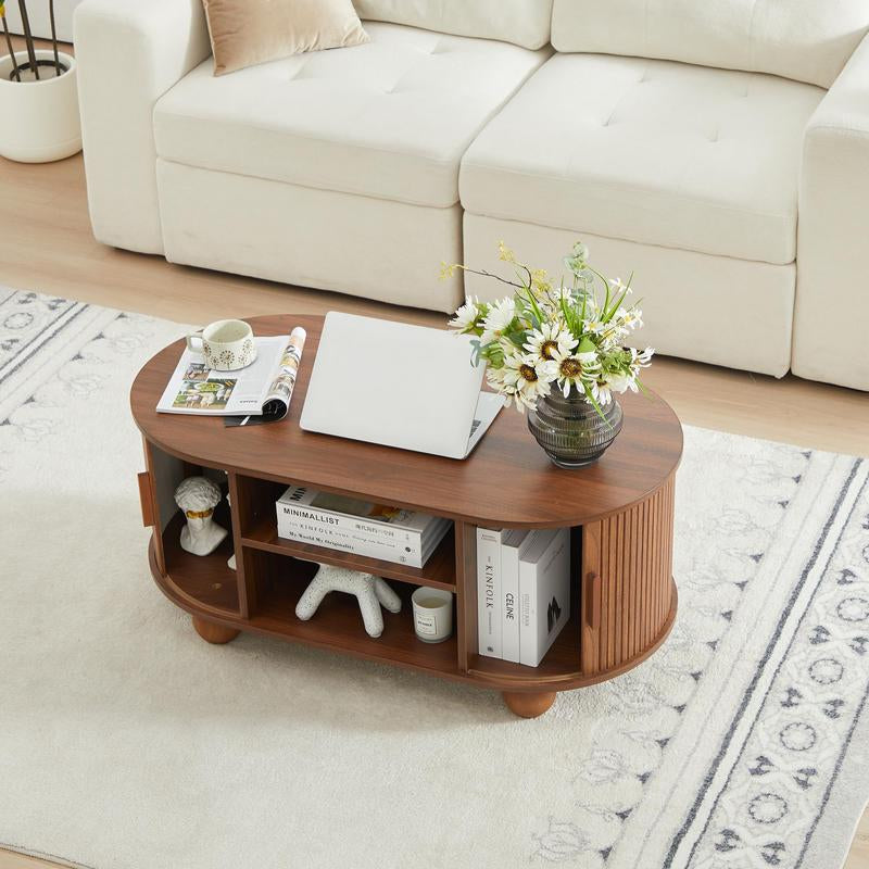 Giratree Oval Coffee Table, Mid-Century Modern Coffee Table with Storage & Sliding Doors, Fluted Coffee Table Center Table for Living Room, Dining Room, Apartment, Home Office