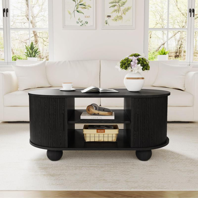 Giratree Oval Coffee Table, Mid-Century Modern Coffee Table with Storage & Sliding Doors, Fluted Coffee Table Center Table for Living Room, Dining Room, Apartment, Home Office