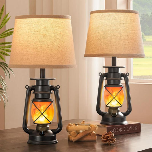 18.72" Black LED Lantern Flickering Flame Table Lamps for Bedrooms Set of 2, Small Farmhouse Rustic End Table Lamps, Halloween Decorative Lantern Bedside Lamps for Living Room