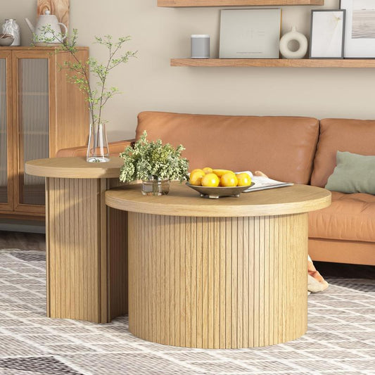 Coffee Table Fluted Nesting Coffee Table Set of 2 Set, round Wooden Coffee Table for Living Room, Office, Balcony (Large 2-Piece Set) Storage