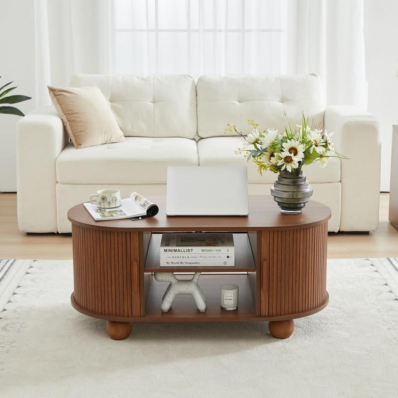 Giratree Oval Coffee Table, Mid-Century Modern Coffee Table with Storage & Sliding Doors, Fluted Coffee Table Center Table for Living Room, Dining Room, Apartment, Home Office