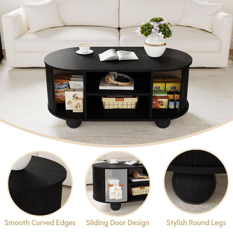 Giratree Oval Coffee Table, Mid-Century Modern Coffee Table with Storage & Sliding Doors, Fluted Coffee Table Center Table for Living Room, Dining Room, Apartment, Home Office