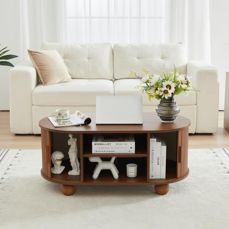 Giratree Oval Coffee Table, Mid-Century Modern Coffee Table with Storage & Sliding Doors, Fluted Coffee Table Center Table for Living Room, Dining Room, Apartment, Home Office